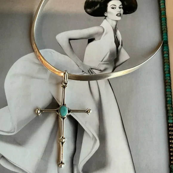 Taxco Silver Cross Necklace with Turquoise Center Stone - Picture 6 of 13